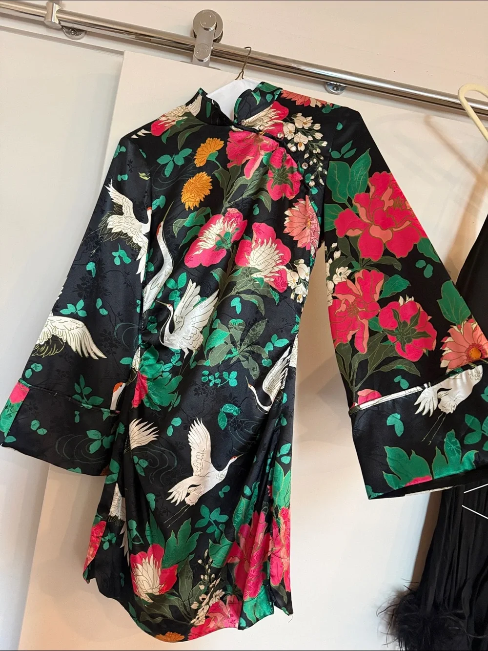 Floral Satin Mini Dress Qi Pao style - Black & Green - Picture 3 of 3